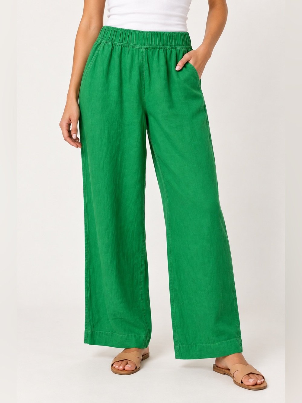 TAHARI Kelley Green flowy linen wide leg pants large European grown flax